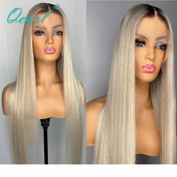 

light platinum blonde human hair wig 13x6 ombre lace front wigs 60# straight remy hair for women glueless long part 150% qearl, Black;brown