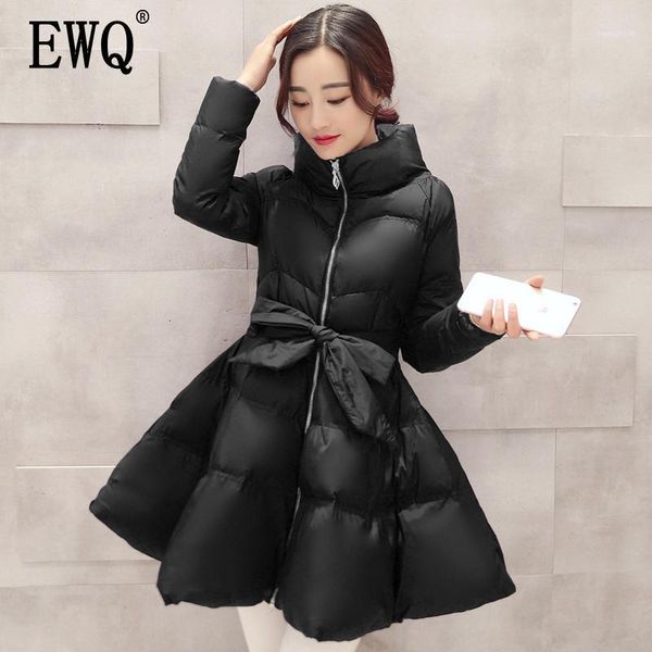 

ewq] 2020 winter stand collar long sleeve adjustable waist solid patchwork korea femals cotton clothing ah34503xl1, Black