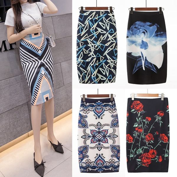 

ready stock fashion elegant floral print high waist stretch pencil skirts women ladies commuter skirt fashion digital printing skirts, Black