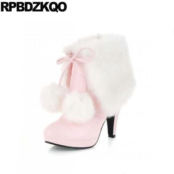 

boots round toe faux fur women kawaii booties 10 big size pom poms ankle stiletto high heel pink lace up winter bow shoes, Black