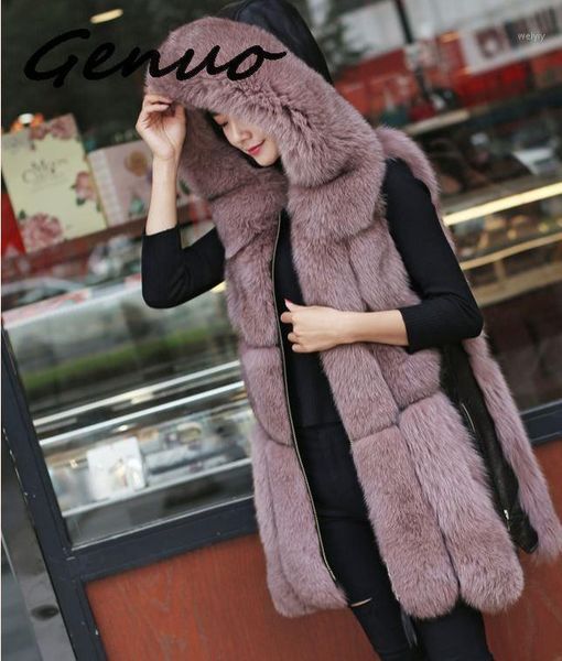 

genuo winter women's fur jacket faux fur vest coat fashion hooded waistcoat side zipper stitching leather warm outwear1, Black