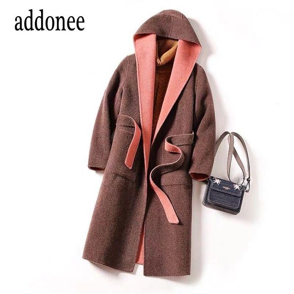 

women's wool & blends hooded handmade alpaca cashmere double-faced women female coat young fashion long section belt warm, Black