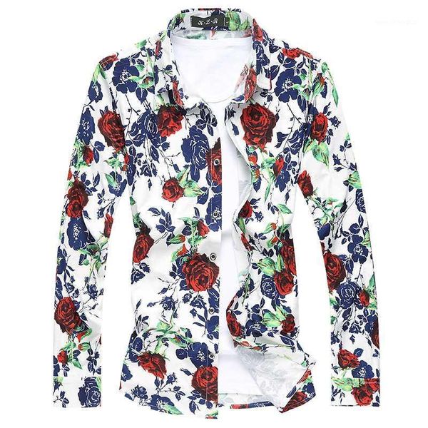 

men's casual shirts 2021 fashion men's floral shirt cotton hawaii long sleeve slim fit dress asian size -5xl 6xl 7xl1, White;black