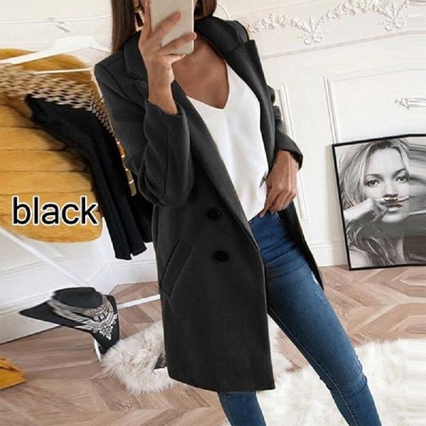 

women's wool & blends women clothes plus size coat overcoat autumn winter fashion double breasted long sleeve casual oversized jacket, Black