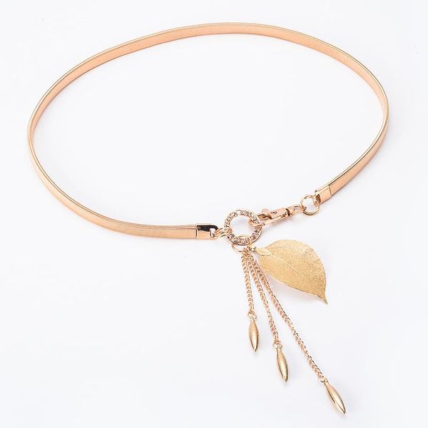 

new 2021 women leaf design belt metal leaves cummerbund clasp front stretch waistband elastic waist belt chain dress bl257, Black;brown