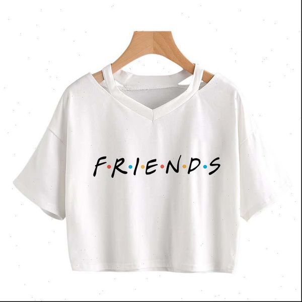 

2021 summer t shirt women short sleeve v neck loose crop casual plus size women streetwear friends female, White