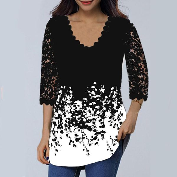 

#h40 lace patchwork womens and blouses 3/4 sleeve v neck shirt summer autumn ladies floral blouse tunic plus size, White