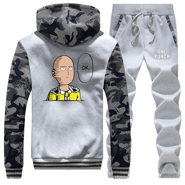 

funny desgin one punch man ok camoflage jackets men japan anime sets fashion fleece sportsman wear men's harajuku winter jacket, Gray