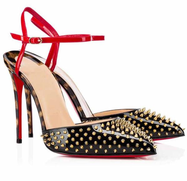 

luxury summer brands baila spikes high heels elegant red bottom pumps pointed toe slingback women wedding dress party gladiator sandalias, Black
