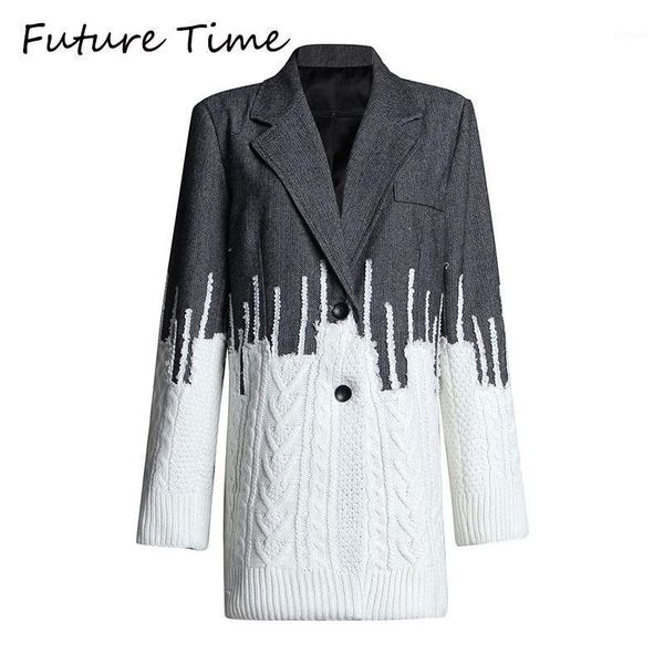 

future time autumn new design british style blazer patchwork knit gray jacket women office lady jacket suit femme outwear1, White;black