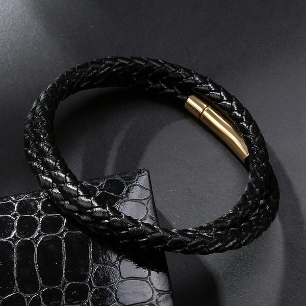 

мода ювелирные изделия бренда мужчин черный натуральная кожа каната цепи из нержавеющей стали браслет женщин марочные ручной ремешок браслет, Golden;silver