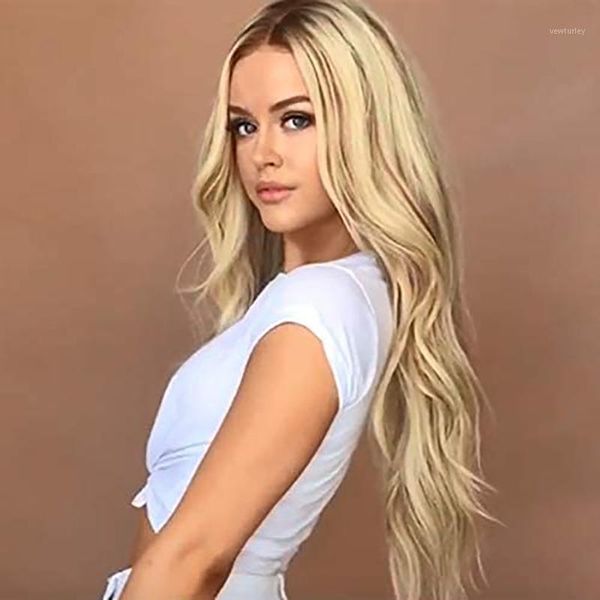 

party masks long blonde wavy synthetic wigs for women with bangs high density natural cosplay brown ombre heat resistant1