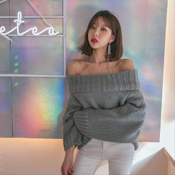 

2021 fashion slash neck full sleeve knitted sweater women shoulder elastic knitted pullovers femme off shoulder regular jumper, White;black