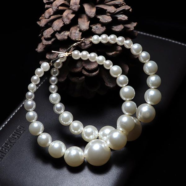 

hoop & huggie luxury imitation pearl hoops earrings fashion big round loop earring for women creole jewelry pendientes aros femme, Golden;silver