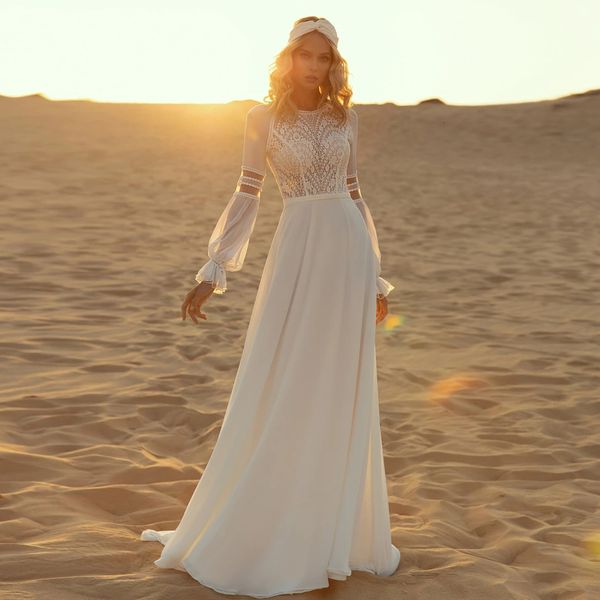 

2021 new bohemian lace wedding o neck long sleeves a line chiffon sweep train beach bridal gown robe de mariee 4gic, White