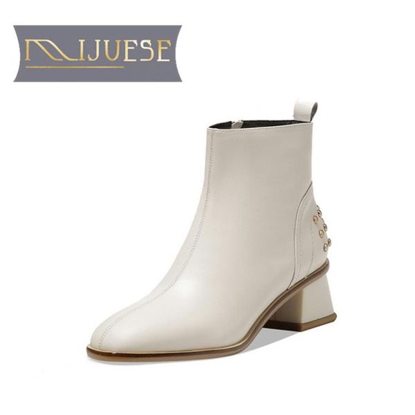 

mljuese 2021 women ankle boots cow leather winter short plush square toe rivet zipper high heels female riding boots size 39, Black