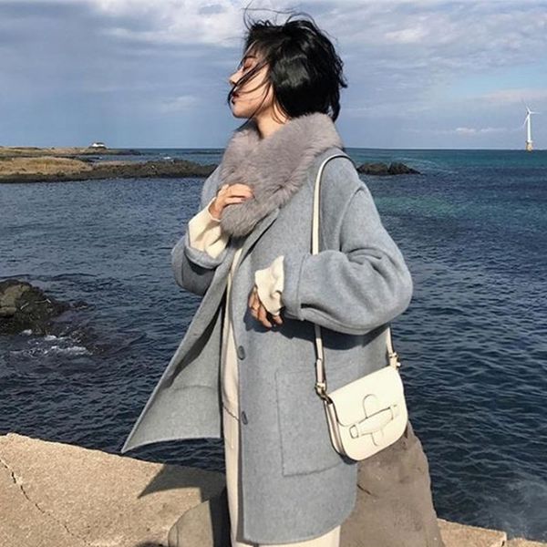 

с длинными рукавами женщин осень зима 2020 новый корейский моды и элегантный средней длины haze синий шерстяное пальто xs s m l xlx1020, Black