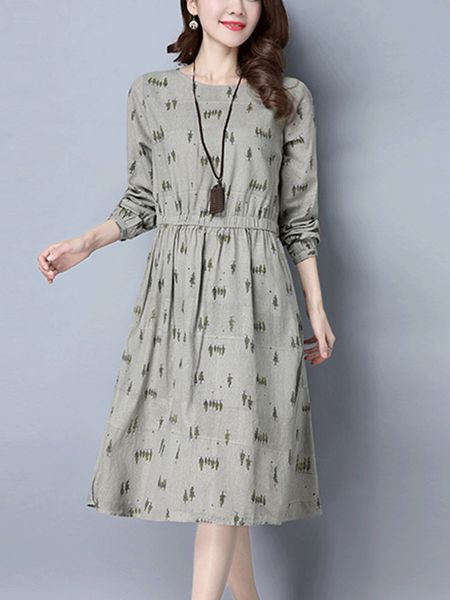 

2021 new new high-quality female cotton long-sleeve line around the neck dressed in retro-casual printed dress h0095, Black;gray