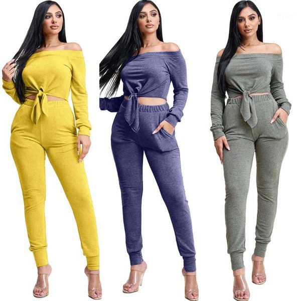 

2019 new models of new women's solid color fashion off-the-shoulder two-piece set three colors1, White