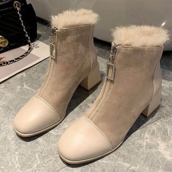 

2021 new women ankle ladies pumps warm plush winter shoes square toe fashion snow boots woman chunky heels n99l, Black