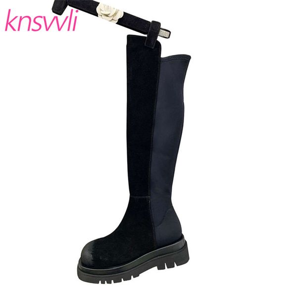 

boots brand women shoes thick sole over the knee suede leather knight long ladies patchwork flat thigh high woman, Black