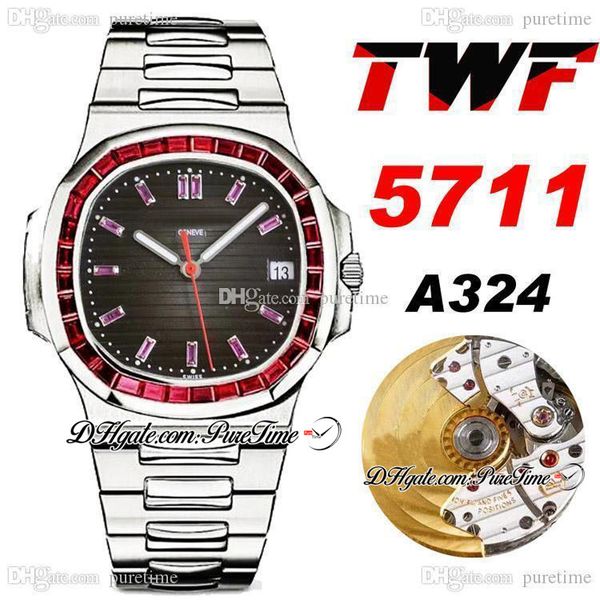 

twf jumbo platinum ruby bezel 5711 black texture dial a324 automatic mens watch hip hop bling jewelry edition ptpp 2021 puretime e166d4, Slivery;brown