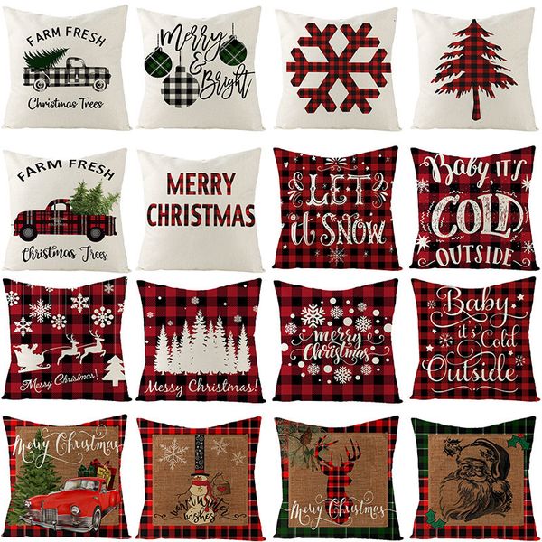 

linen cushion deer xmas tree design sofa pillowcase plaid decorative letter throw pillow cover christmas decor for home