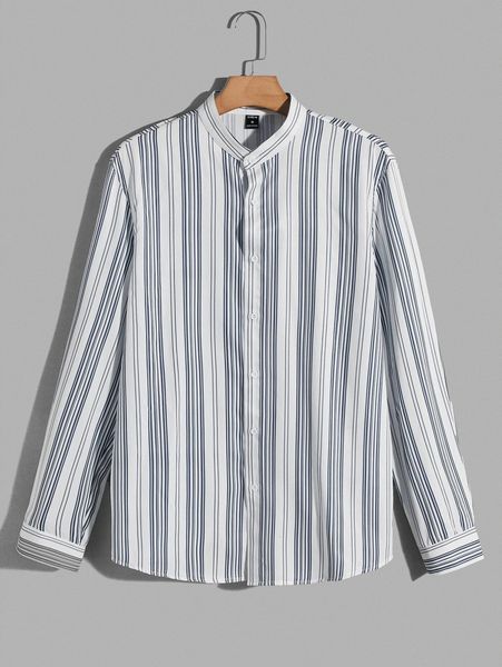 

men striped print single button placket shirt v7ph#, White;black