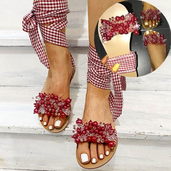 

2021 women flat sandals ankle strap beaded special handmade sandals women's shoes beach plus size 35-431, Black