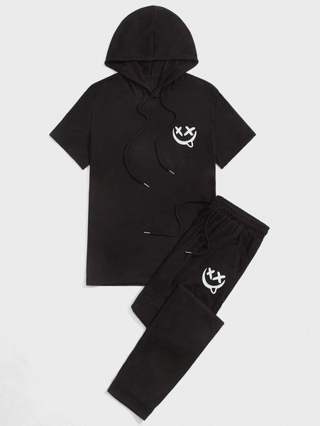 

men cartoon graphic drawstring hooded tee & sweatpants s0xb#, Gray