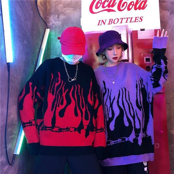 

gothic sweater men streetwear vintage flame pattern hip hop oversized korean style women knitted pullovers couple long sleeve, White;black