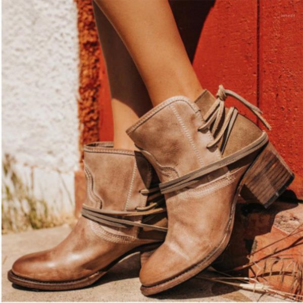 

boots 2021 women's retro ankle mid heels ladies lace up pumps woman women leather sewing footwear female shoes plus size 431, Black
