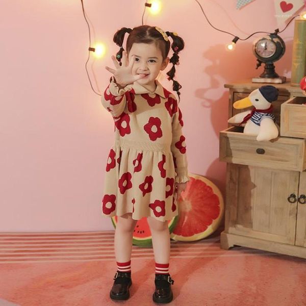 

girl's dresses dfxd 2021 spring children clothes long sleeve knit princess dress for 2-8yrs wedding party kids girl a-line flower sweat, Red;yellow