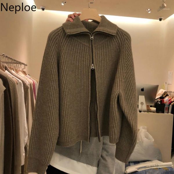 

neploe winter clothes women knitted cardigan coat turn-down collar zipper sweater for women korean fashion sueter jacket 4f2051, White