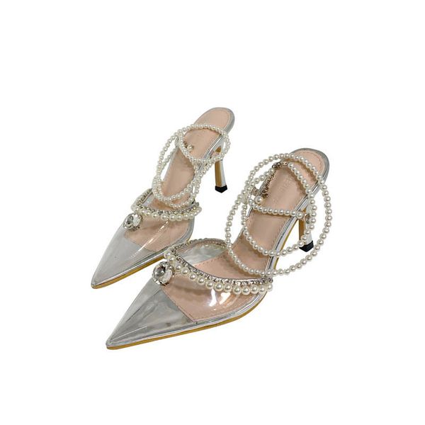 

2021 new transparent fairy style sandals pearl pointed to arch strass stilettos li8n, Black
