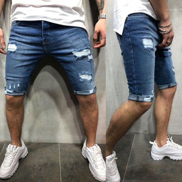 

2020 new summer men's distressed rip colored jean ripped shorts slim solid knee length shorts1, Blue