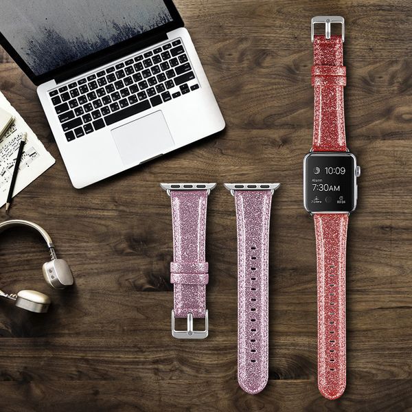Кожаный ремешок для часов Bling Блеск Ремни для Apple Наблюдать 38мм 40мм 42мм 44мм для iWatch Series6 SE 5 4 3 2 1 диапазона Wristband