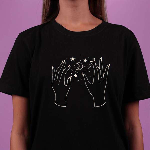 

vip hjn hands with stars and moon art drawing t-shirt women grunge aesthetic illustrated tee cute witch graphic shirt, White
