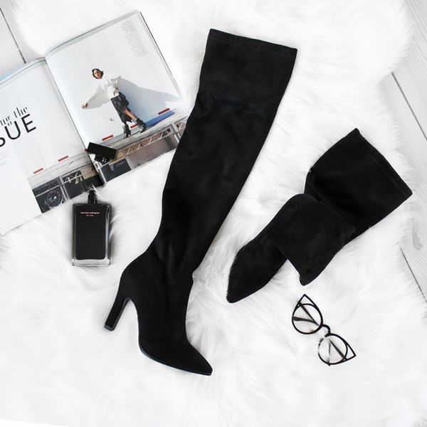 

2021 new over the knee slip on winter shoes thin high heel pointed toe all match women boots size 34-43 uelc, Black