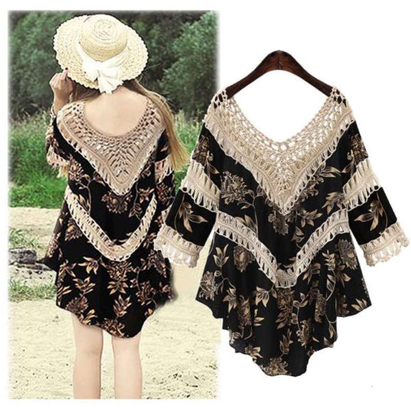 

skirt print summer loose women's new v-neck irregular dress k277, Black;gray