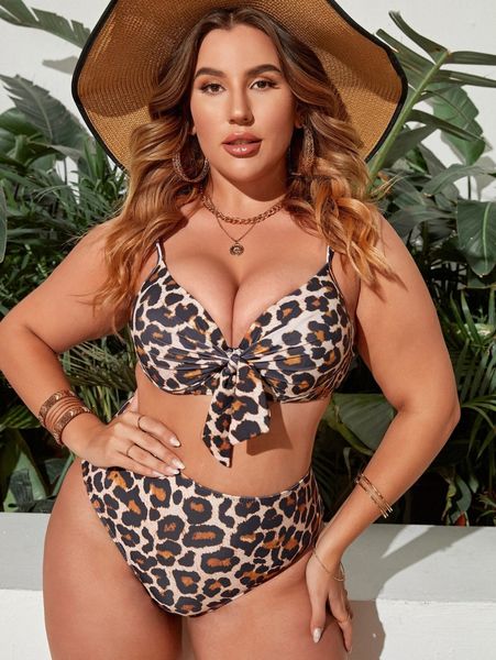 

plus leopard knot front push up high waisted bikini swimsuit h4tq#, Black