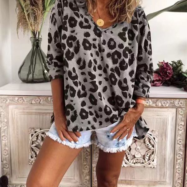 

women's autumn 2019 leopard print loose v-neck long coat t-shirt sleeve t-shirt for women 0xd8x, White