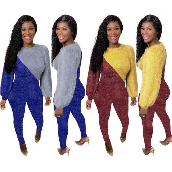 

rstylish 2 piece outfits women loose long sleeve round neck patchwork pants suit 2021 casual clubwear clothes matching sets1, Gray