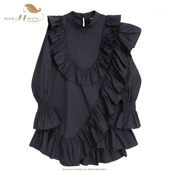 

sishion 2021 spring long sleeve blusas vd1673 ruffles design streetwear gothic black white blouse women shirt1