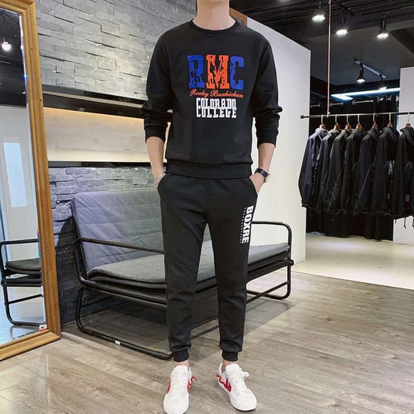 

long fashion suit neck autumn round sleeve running sportswear youth men's casual sweater two piece set, Gray