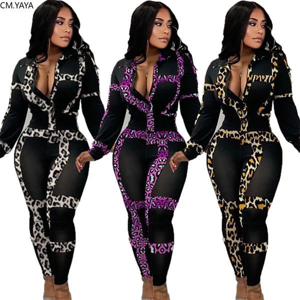 

autumn women leopard print splicing turn-down neck long sleeve jumpsuit bodycon night club party skinny romper playsuits t200509, Black;white
