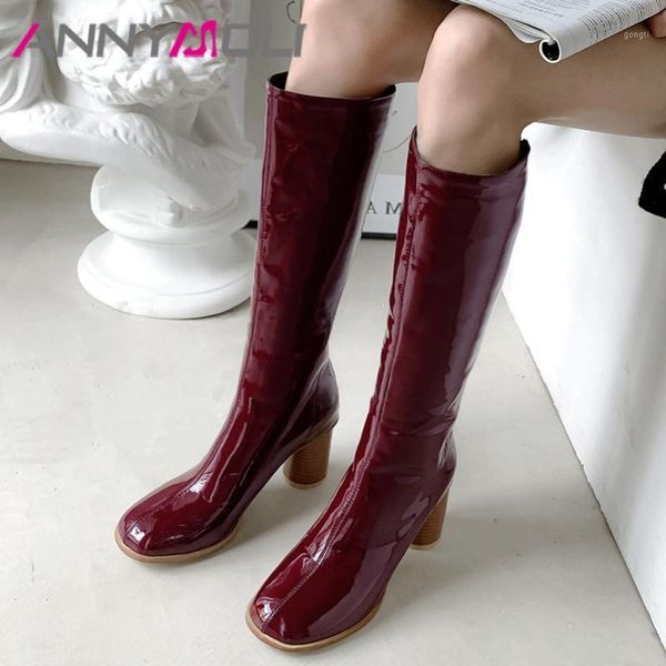 

boots annymoli winter knee high women patent leather round heels tall zipper toe shoes ladies fall 34-461, Black