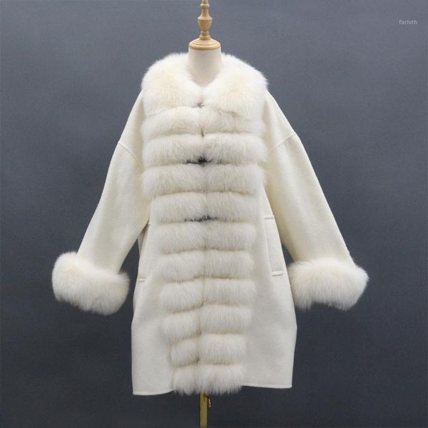 

women cashmere long spring coat with real fur and cuff autumn and winter warm loose outwear1, Black