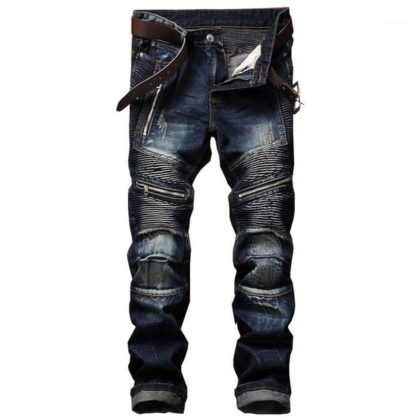 

newsosoo men's pleated biker jeans pants slim fit brand designer motocycle denim trousers for male straight washed multi zipper1, Blue