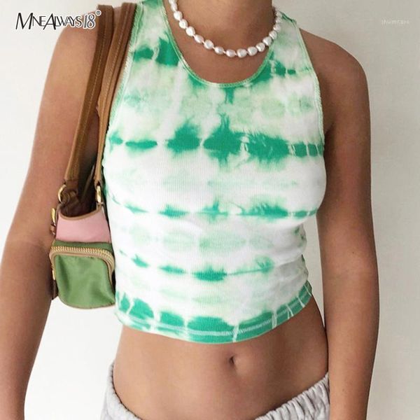 

mnealways18 round neck tie dye print summer women bodycon sleeveless tank 2020 fashion crop casual skinny streetwear1, White